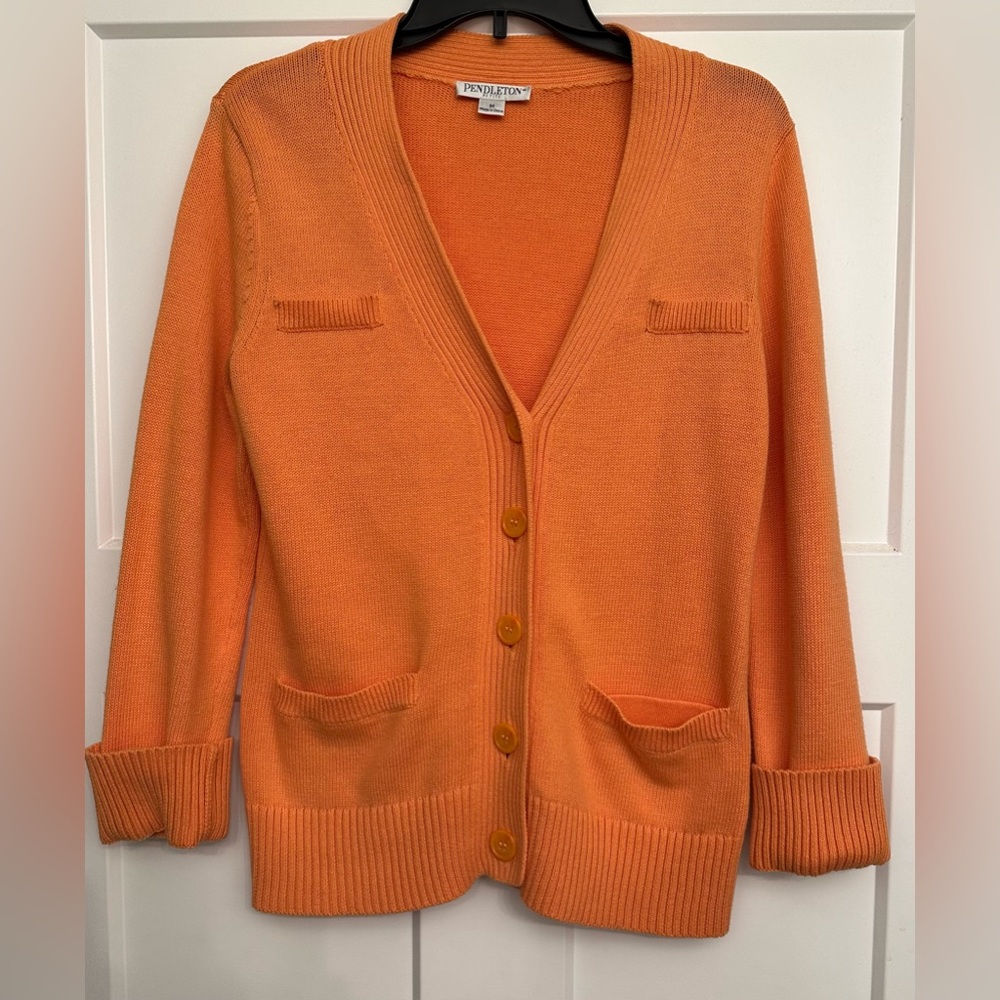 Pendleton Cardigan Petite Medium Orange 100% Cotton Vintage